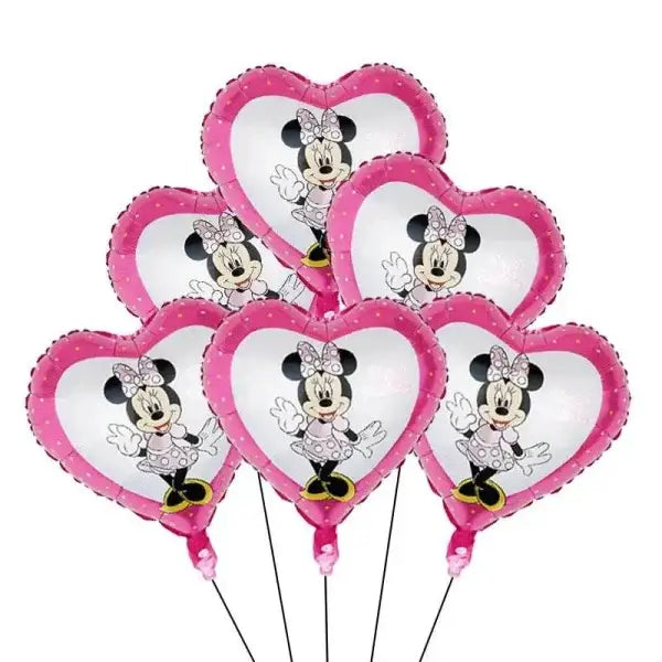 Six pink and white Minnie Mouse heart balloons bouquet for Disney birthday parties