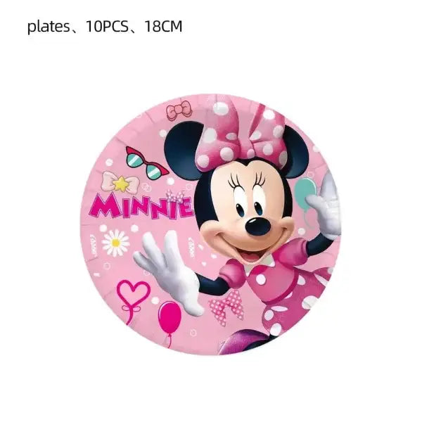Pink Minnie Mouse themed paper plate with hearts for Disney birthday parties