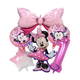 Pink Minnie Mouse birthday balloon arrangement with bow and number 1