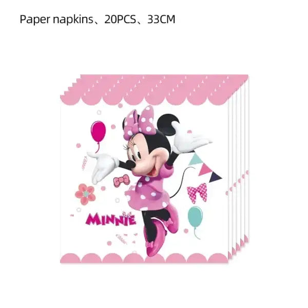 Pink and white Minnie Mouse napkins with balloons and bows for Disney party supplies