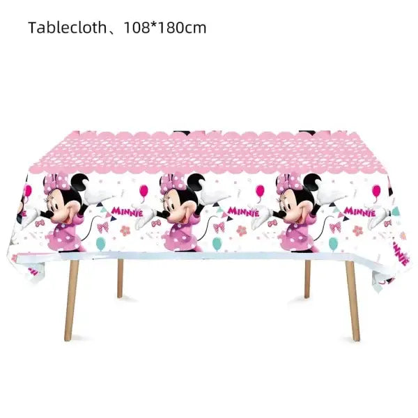 Pink and white Minnie Mouse tablecloth for Disney birthday parties