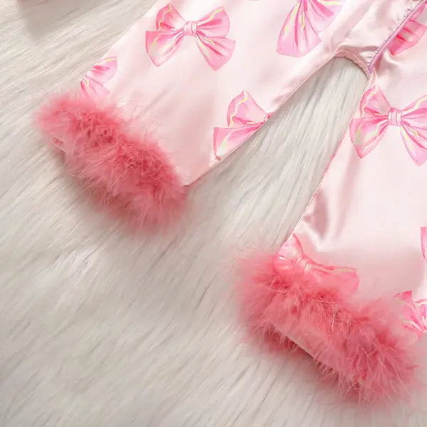 MISOWMNJOY Satin Baby Girls Pajamas Spring Long Sleeve Bow Print Furry Patchwork Button Closure Jumpsuit Sleepwear