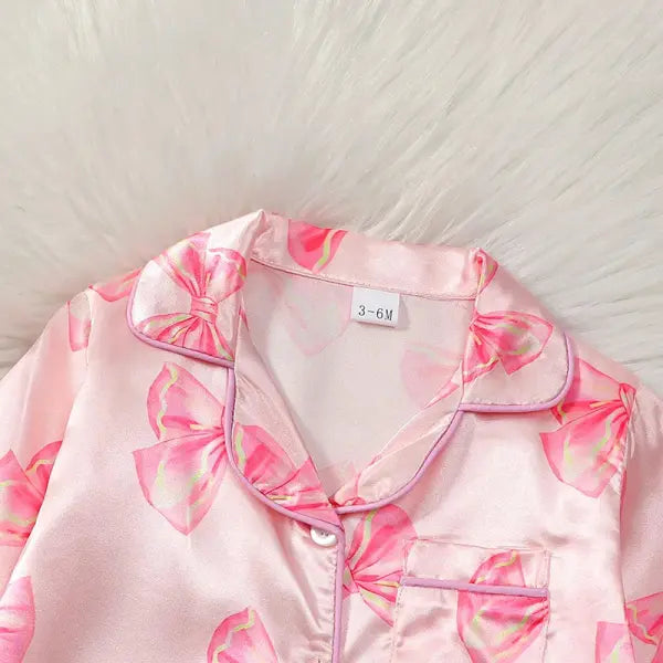 MISOWMNJOY Satin Baby Girls Pajamas Spring Long Sleeve Bow Print Furry Patchwork Button Closure Jumpsuit Sleepwear