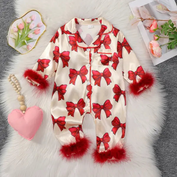 Baby Girls’ Luxury Satin Pajamas - Long Sleeve Bow Print Jumpsuit with Faux Fur Trim & Glam Sleepwear Loungewear - Red