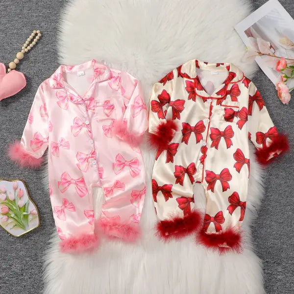 MISOWMNJOY Satin Baby Girls Pajamas Spring Long Sleeve Bow Print Furry Patchwork Button Closure Jumpsuit Sleepwear