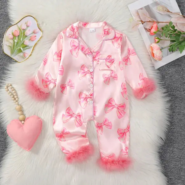MISOWMNJOY Satin Baby Girls Pajamas Spring Long Sleeve Bow Print Furry Patchwork Button Closure Jumpsuit Sleepwear