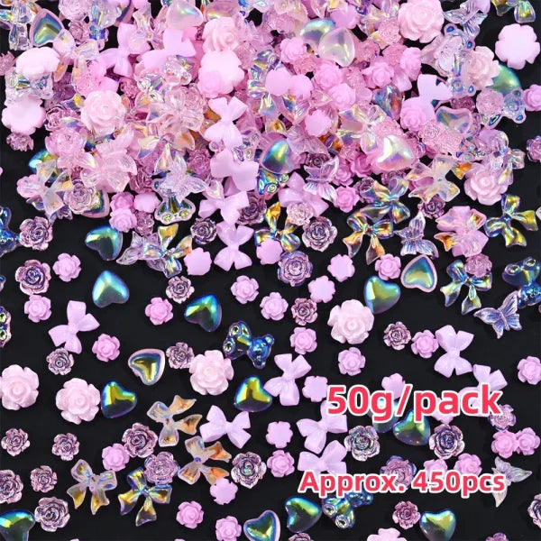 Mixed Bowknot Heart Flower Nail Charms 3D Kawaii Resin Set 500-600pcs - Himpall