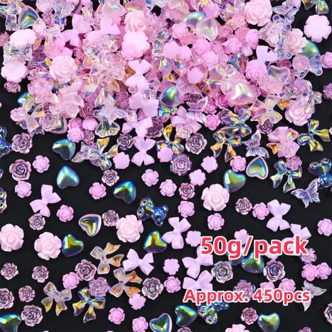 Mixed Bowknot Heart Flower Nail Charms 3D Kawaii Resin Set 500-600pcs - Himpall