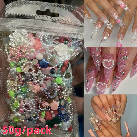 Mixed Bowknot Heart Flower Nail Charms 3D Kawaii Resin Set 500-600pcs - Himpall
