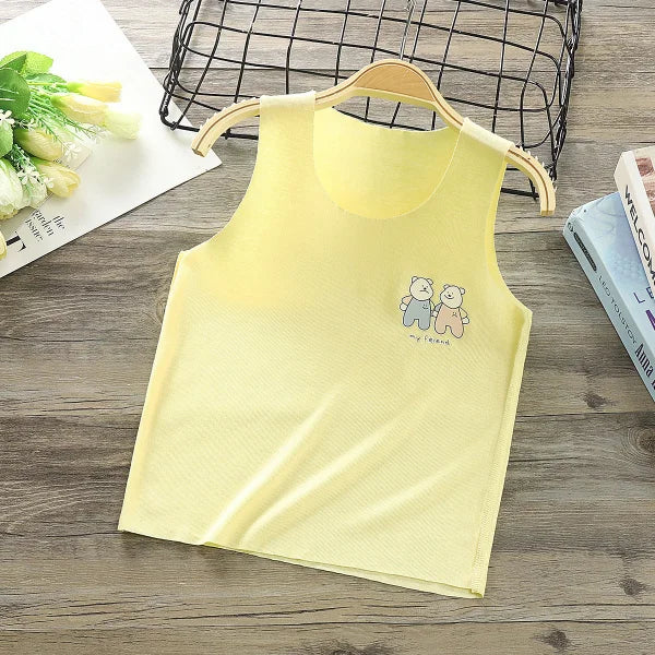 Yellow modal children’s vest boneless camisole featuring a cartoon bear design