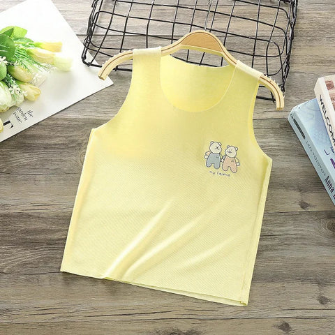 Yellow modal children’s vest boneless camisole featuring a cartoon bear design