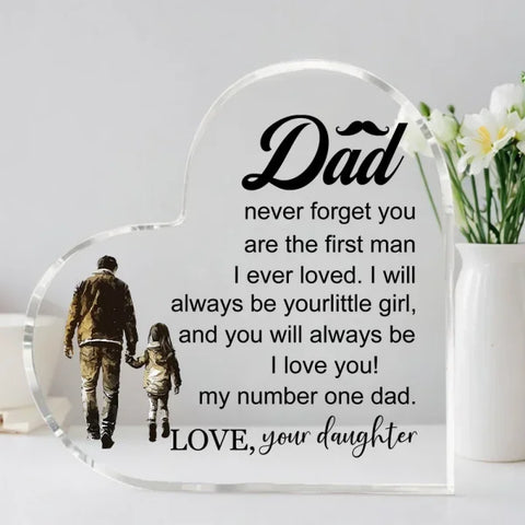 Heart-shaped customizable glass plaque with a father-daughter message and silhouette design