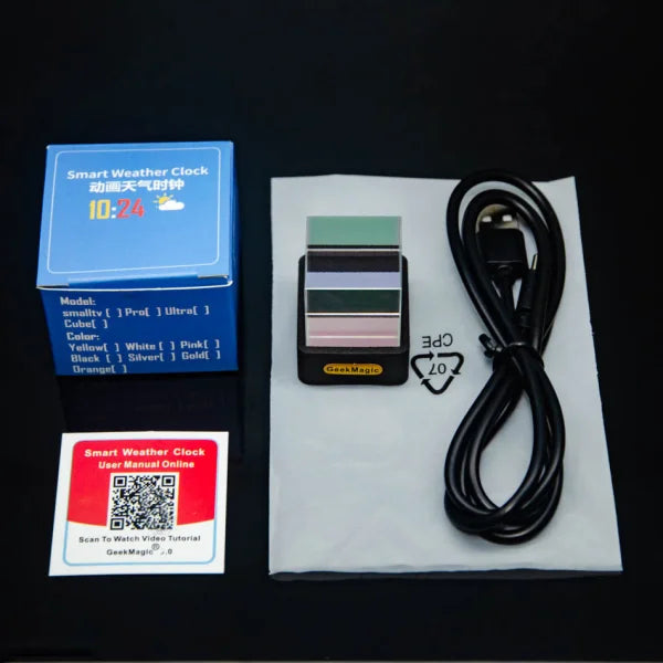 Smart weather clock device with accessories showcasing modern simplicity function for global city weather and time display