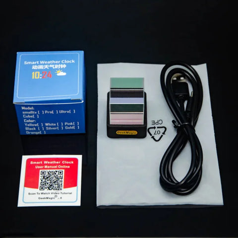 Smart weather clock device with accessories showcasing modern simplicity function for global city weather and time display