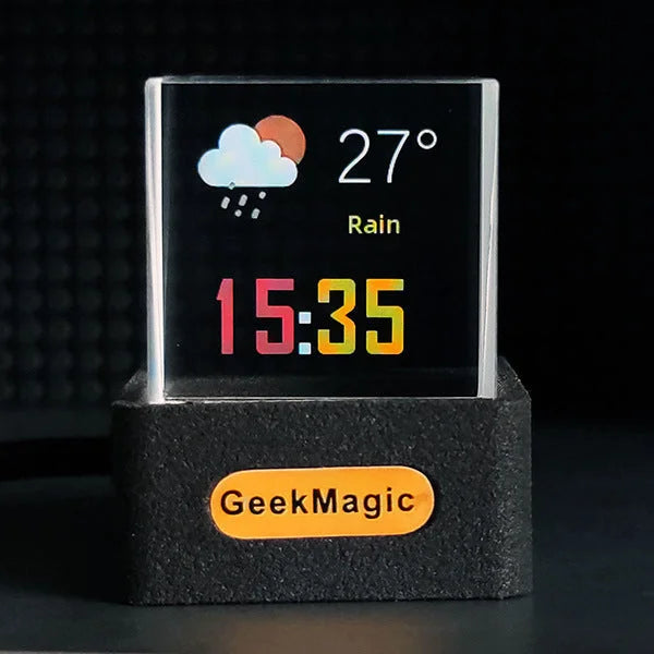 Digital weather station display with colorful time and forecast icons for global city weather