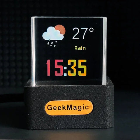 Digital weather station display with colorful time and forecast icons for global city weather