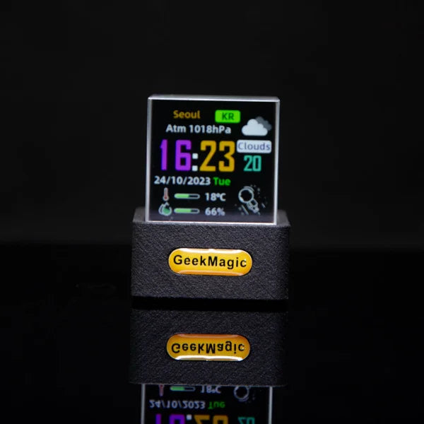 Digital clock and vibrant weather info on black base showcasing modern simplicity function for global city weather and time display