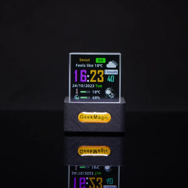 Digital clock display with modern simplicity function showing time, date, temperature, and global city weather with GeekMagic branding