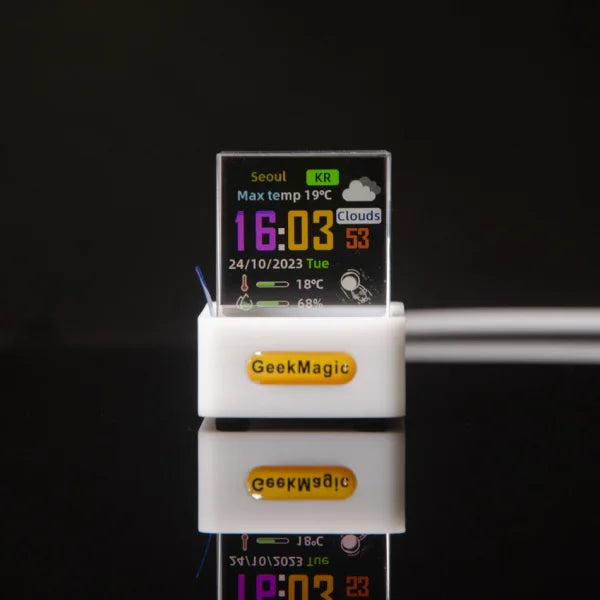 Digital clock with weather info on white base labeled GeekMagic, modern simplicity function for global city weather and time display
