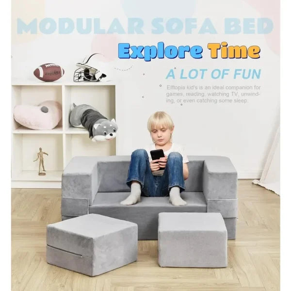 Modular Kids Sofa - Convertible Plush Toddler Couch Grey