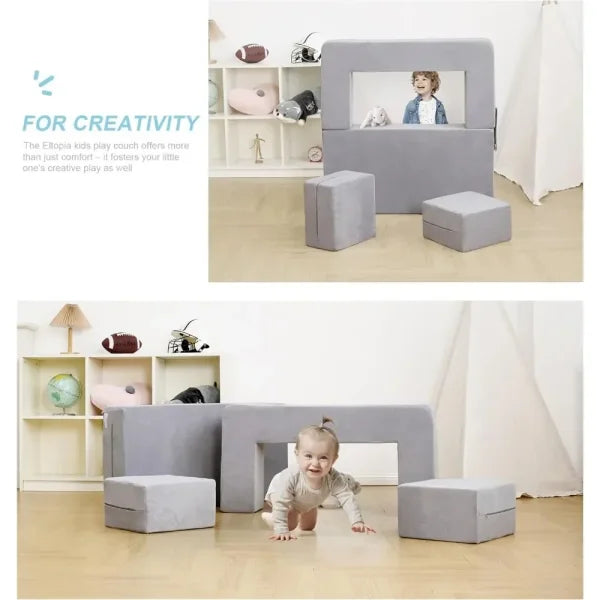 Modular Kids Sofa - Convertible Plush Toddler Couch Grey