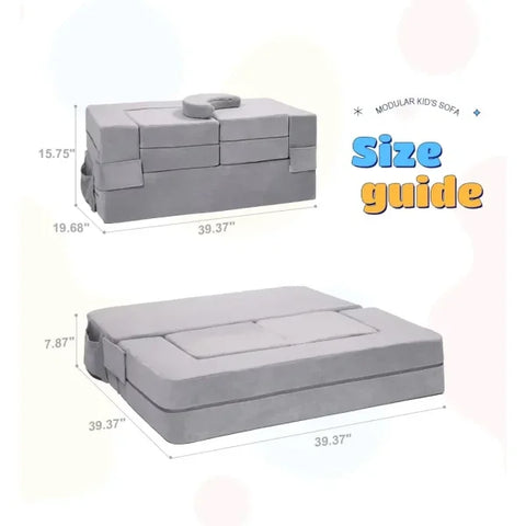 Modular Kids Sofa - Convertible Plush Toddler Couch Grey