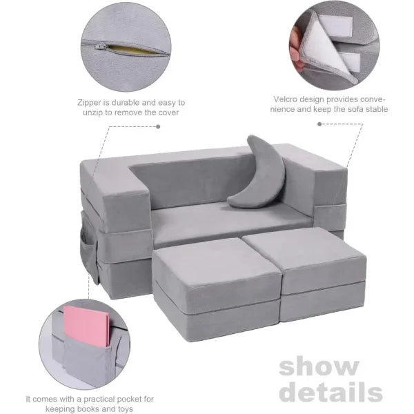 Modular Kids Sofa - Convertible Plush Toddler Couch Grey