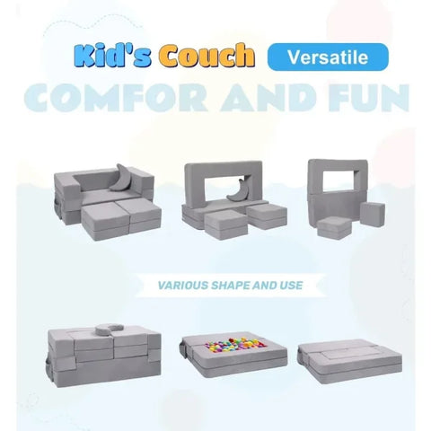 Modular Kids Sofa - Convertible Plush Toddler Couch Grey