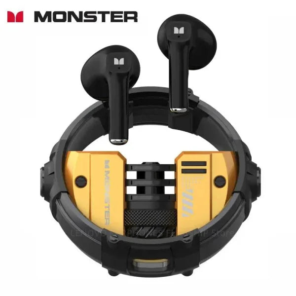 Black and gold Monster XKT10 earphones in circular charging case