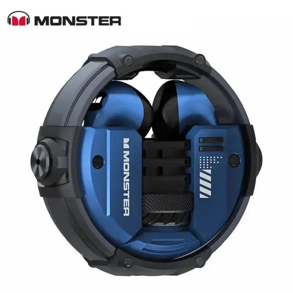 Folded blue and black Monster XKT10 earphones for wireless audio
