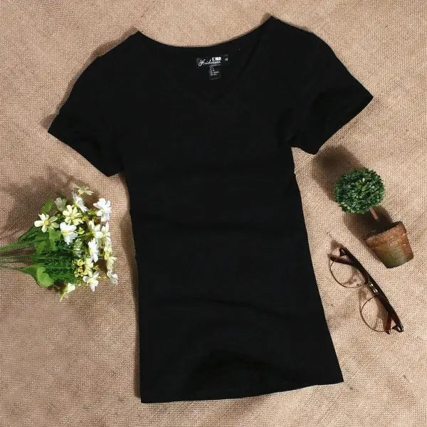 Women’s Slim Fit Cotton T-Shirt - Soft Essential Short Sleeve Basic Tee - Black V / XXL