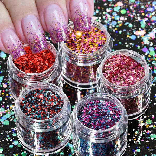 Multi-Box Holographic Nail Glitter Set - Gold Bottle DIY Flake & Mermaid Sequins - Himpall