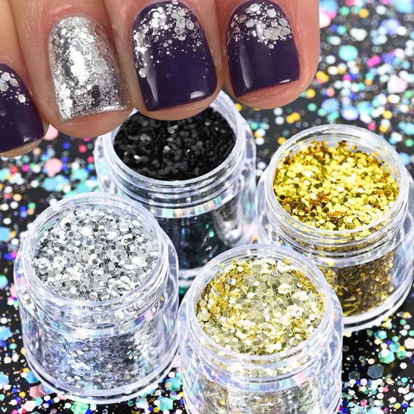 Multi-Box Holographic Nail Glitter Set - Gold Bottle DIY Flake & Mermaid Sequins - Himpall