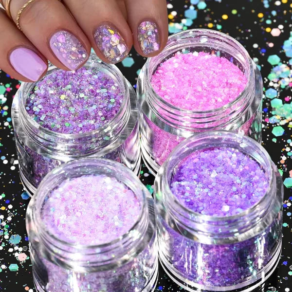 Multi-Box Holographic Nail Glitter Set - Gold Bottle DIY Flake & Mermaid Sequins - Himpall