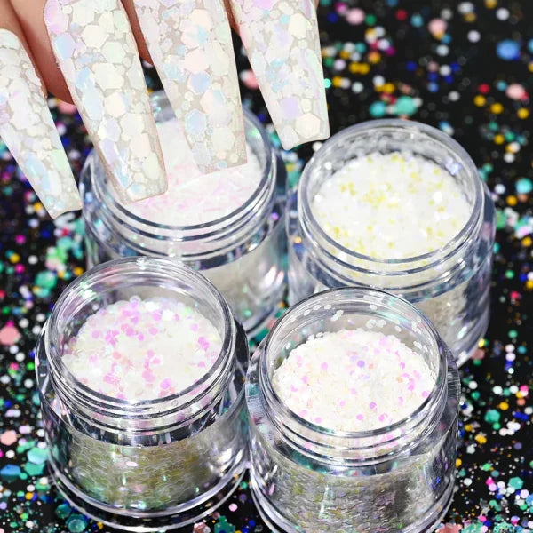 Multi-Box Holographic Nail Glitter Set - Gold Bottle DIY Flake & Mermaid Sequins - Himpall
