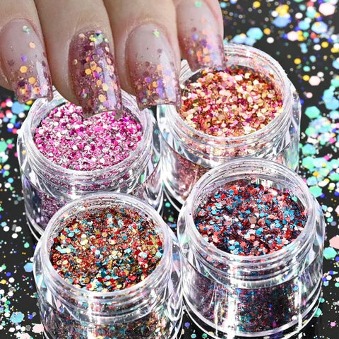 Multi-Box Holographic Nail Glitter Set - Gold Bottle DIY Flake & Mermaid Sequins - Himpall