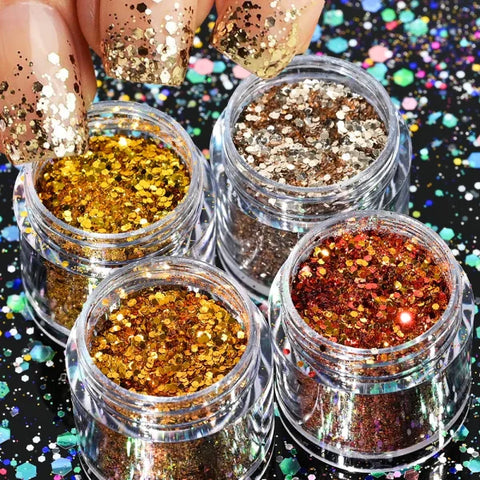 Multi-Box Holographic Nail Glitter Set - Gold Bottle DIY Flake & Mermaid Sequins - Himpall