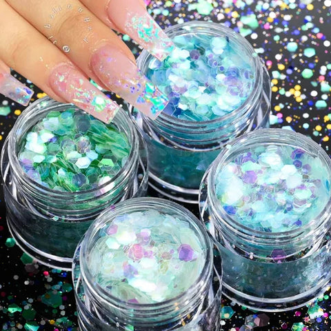 Multi-Box Holographic Nail Glitter Set - Gold Bottle DIY Flake & Mermaid Sequins - Himpall