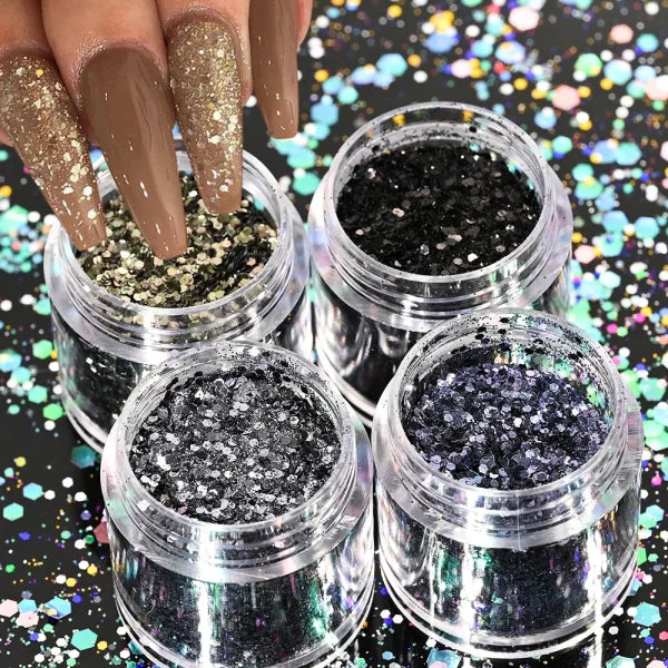 Multi-Box Holographic Nail Glitter Set - Gold Bottle DIY Flake & Mermaid Sequins - Himpall