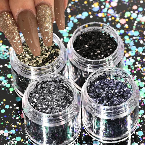 Multi-Box Holographic Nail Glitter Set - Gold Bottle DIY Flake & Mermaid Sequins - Himpall
