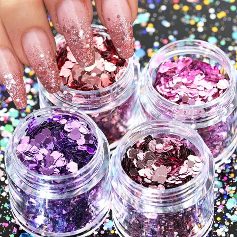 Multi-Box Holographic Nail Glitter Set - Gold Bottle DIY Flake & Mermaid Sequins - Himpall