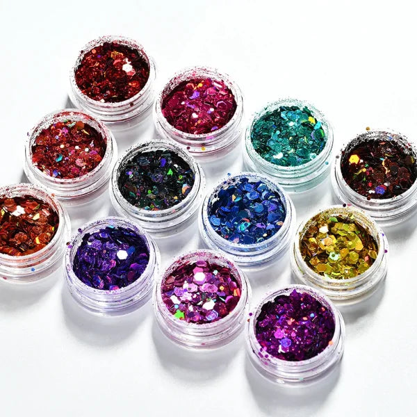 Multi-Box Holographic Nail Glitter Set - Gold Bottle DIY Flake & Mermaid Sequins - Himpall