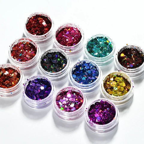 Multi-Box Holographic Nail Glitter Set - Gold Bottle DIY Flake & Mermaid Sequins - Himpall