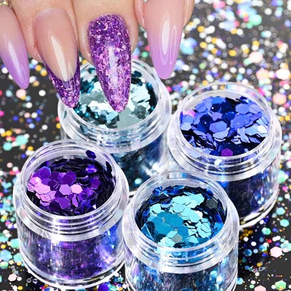 Multi-Box Holographic Nail Glitter Set - Gold Bottle DIY Flake & Mermaid Sequins - Himpall