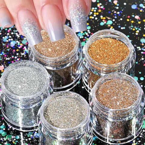 Multi-Box Holographic Nail Glitter Set - Gold Bottle DIY Flake & Mermaid Sequins - Himpall