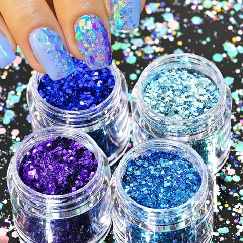 Multi-Box Holographic Nail Glitter Set - Gold Bottle DIY Flake & Mermaid Sequins - Himpall