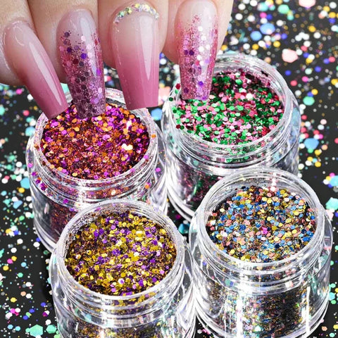 Multi-Box Holographic Nail Glitter Set - Gold Bottle DIY Flake & Mermaid Sequins - Himpall