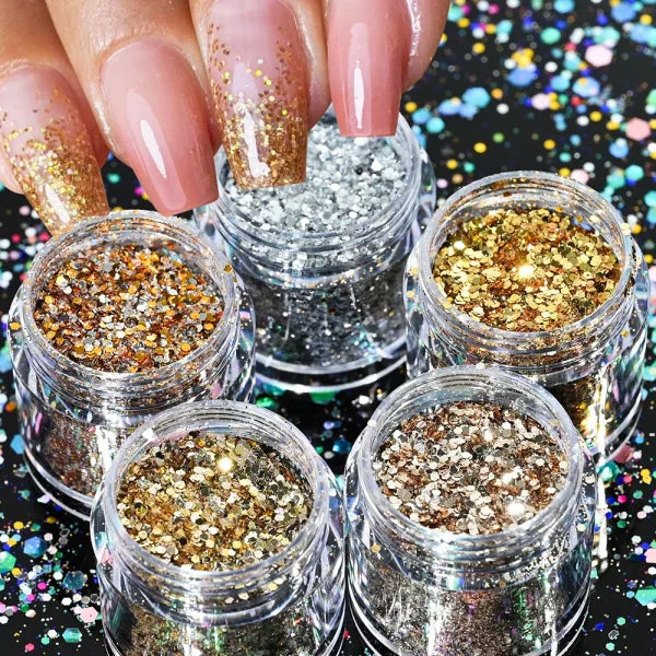 Multi-Box Holographic Nail Glitter Set - Gold Bottle DIY Flake & Mermaid Sequins - Himpall