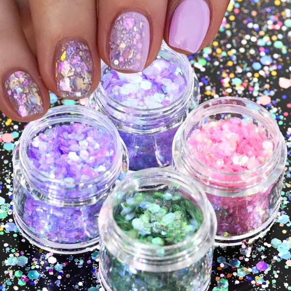Multi-Box Holographic Nail Glitter Set - Gold Bottle DIY Flake & Mermaid Sequins - Himpall