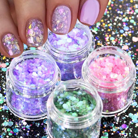 Multi-Box Holographic Nail Glitter Set - Gold Bottle DIY Flake & Mermaid Sequins - Himpall